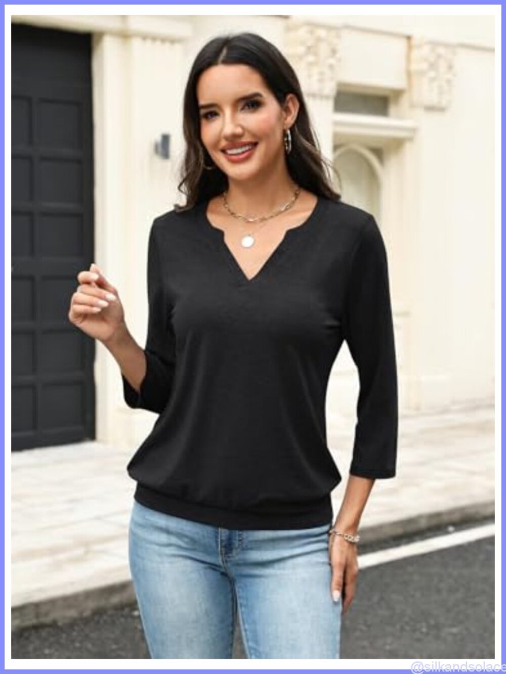 Womens 3/4 Sleeve Banded Bottom V Neck Casual T-Shirt Blouse - Picture 4 of 6